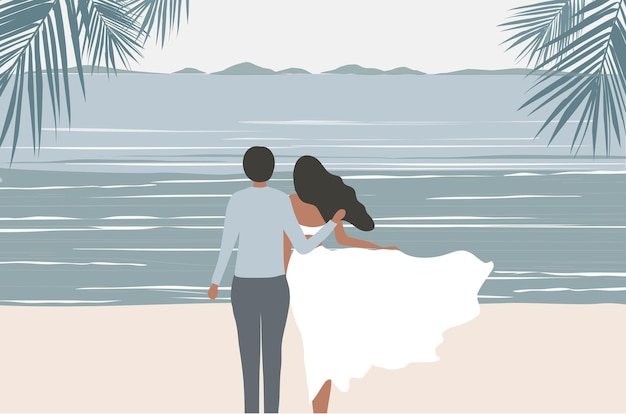 Vector loving couple embracing on the beach view background vector illustration happy valentine's day