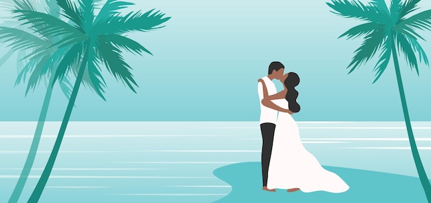 Vector loving couple embracing on the beach view background vector illustration happy valentines day lov