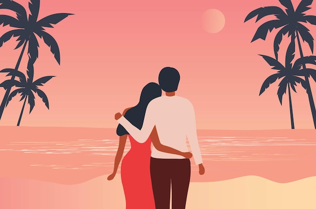 Loving couple embracing and looking moon on the beach in sunset sky background vector illustration