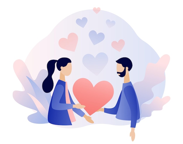 Vector loving couple holding heart in hands romantic date concept characters valentine day