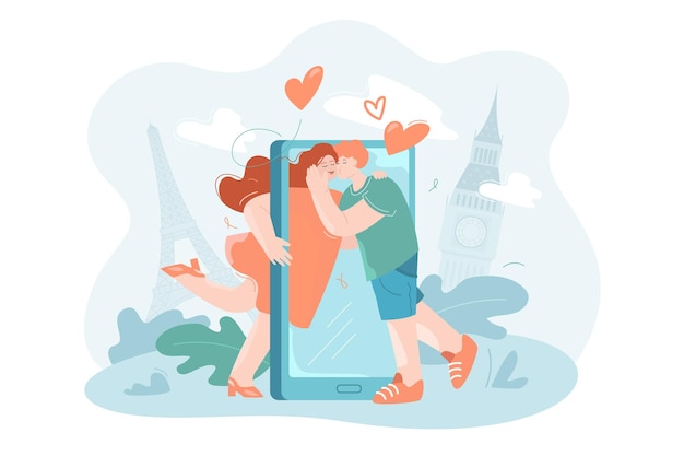 Loving couple kissing through smartphone Modern technology love concept