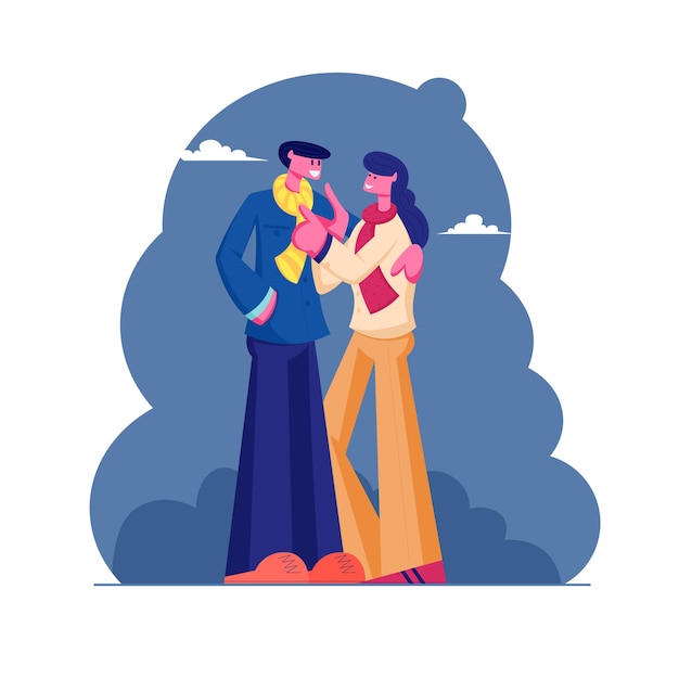 Loving Couple of Male and Female Characters Wearing Warm Clothing and Scarfs Cuddling on Street at Cold Autumn Weather. Cartoon Flat  Illustration