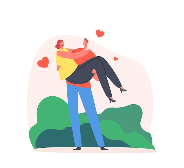 Vector loving couple romantic relation. man holding woman on hands with hearts fly around. happy lovers valentines day dating