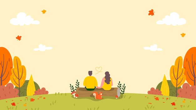 Loving couple sitting on log with Autumn background vector illustration