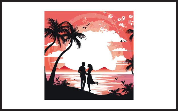 Vector loving couple standing on sunset beach vector illustration t shirt design or others