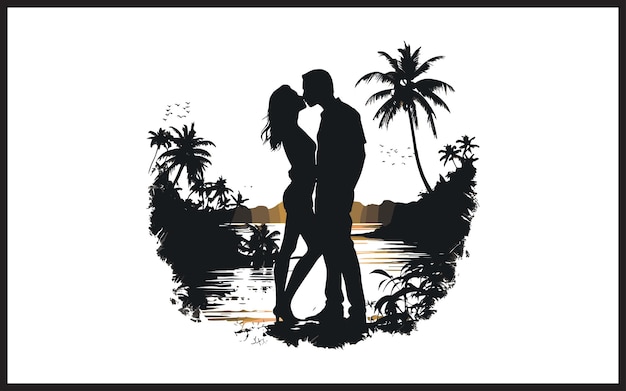 Vector loving couple standing on sunset beach vector illustration t shirt design or others