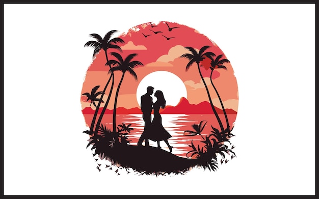 Loving couple standing on sunset beach vector illustration t shirt design or others