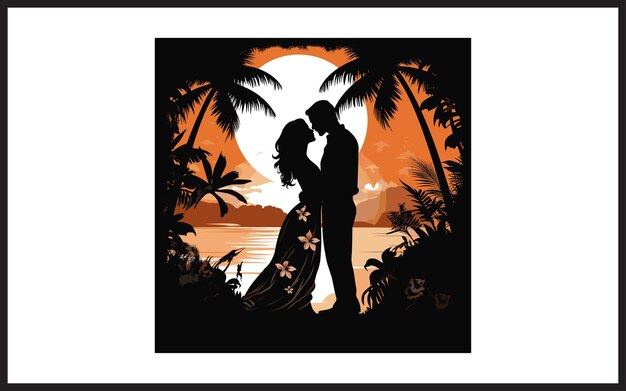 Vector loving couple standing on sunset beach vector illustration t shirt design or others