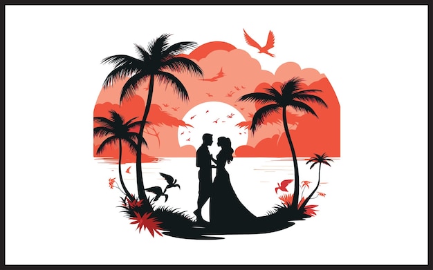 Vector loving couple standing on sunset beach vector illustration t shirt design or others