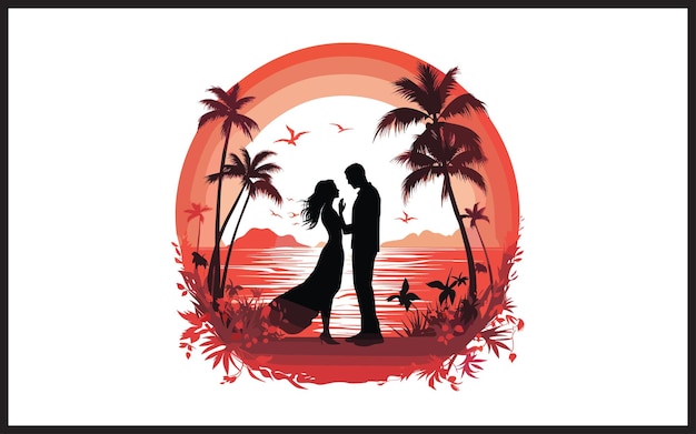 Vector loving couple standing on sunset beach vector illustration t shirt design or others