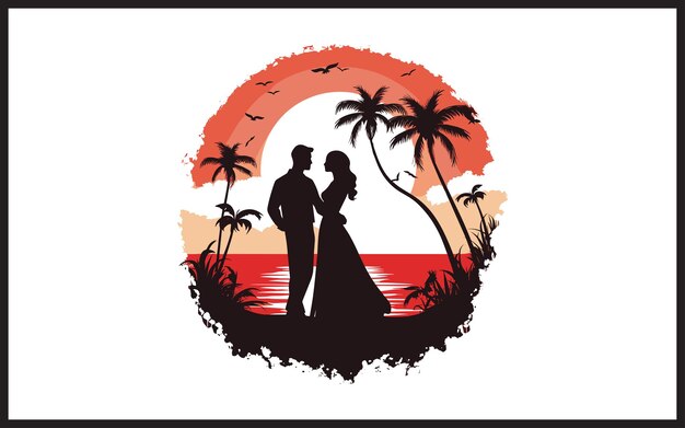 Loving couple standing on sunset beach vector illustration t shirt design or others