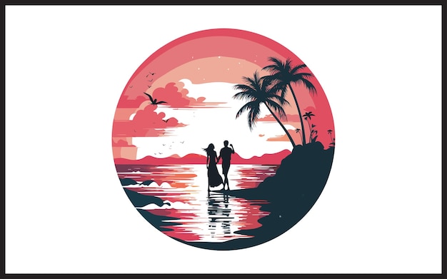 Vector loving couple standing on sunset beach vector illustration t shirt design or others