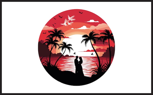 Loving couple standing on sunset beach vector illustration t shirt design or others