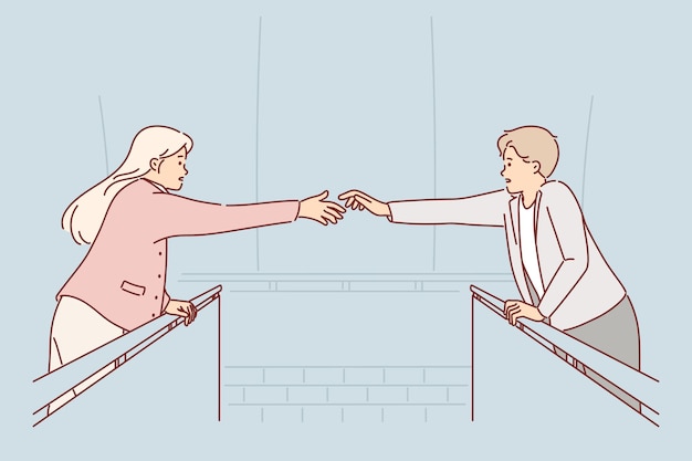 Loving couple stands on opposite sides of bridge and tries to hold hands to avoid separation Concept mutual love or attraction couple from man and woman who want to meet in spite of problems