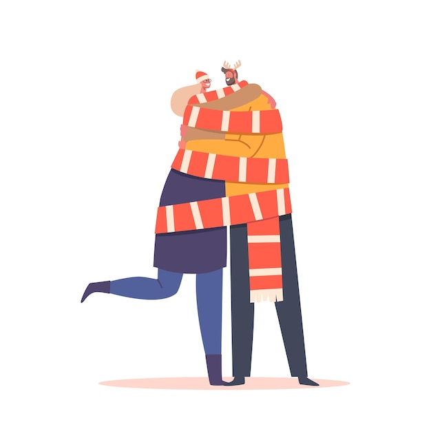 Loving Couple Wrapped in Long Scarf Together Male and Female Characters Hug Man and Woman Wear Xmas Costumes Cuddle