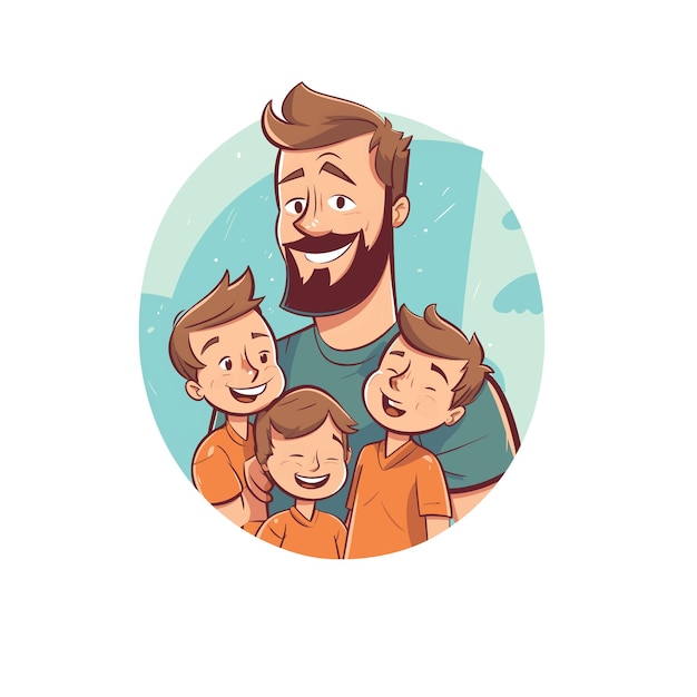 Loving Family of Father and Three Siblings Happy Fathers day illustration with 3 Kids