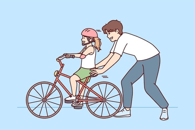 Loving father helps preteenage daughter in helmet learn to ride bike Vector image