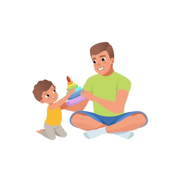 Loving father and his son playing with humming top enjoying time together vector Illustration on a white background