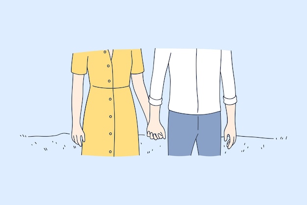 loving happy couple cartoon characters standing and holding hands outdoors