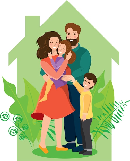 A loving happy family stands against the background of the house with plants hugging vector