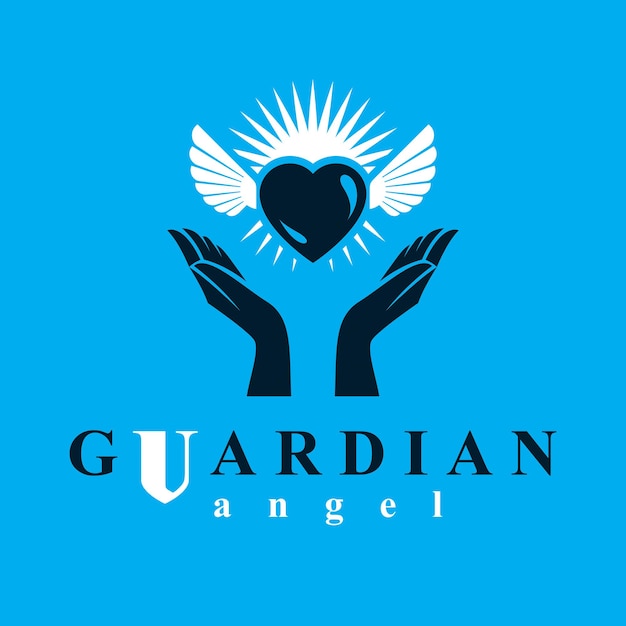 Loving heart in human hands, giving aid metaphor. Holy spirit graphic vector logo best for use in charity organizations.