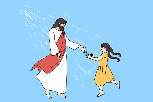 Loving Jesus stretch hand meet smiling small girl child show care Father Christ with little kid