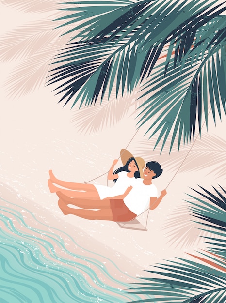 Vector loving man and woman swing on a swing bench under coconut palm by the sea