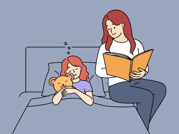 Loving mother read book to daughter in bed