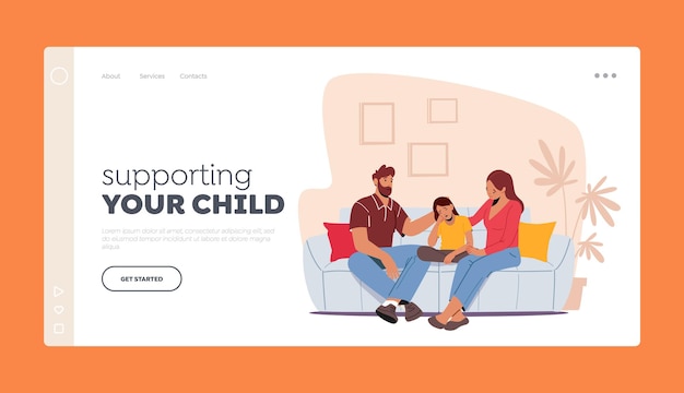 Loving Parents Support Child Landing Page Template Father and Mother Comforting Upset Kid Daughter with Sad Face