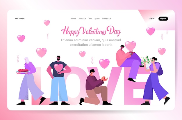 loving people celebrating happy valentines day men women in love standing together horizontal full length copy space vector illustration