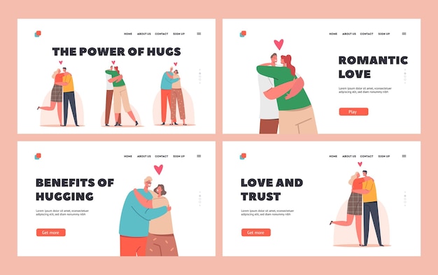 Loving People Hugs Landing Page Template Set. Loving Couples Romantic Relations. Happy Men and Women Embracing