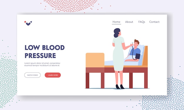 Low Blood Pressure Landing Page Template. Nurse Character Checking Patient Arterial Pressure. Female Doctor Using Digital Device Tonometer for Health Monitoring. Cartoon People Vector Illustration