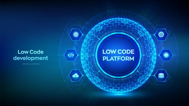 Low code platform Low code development technology concept LCDP easy coding Hexagonal grid sphere on blue background Vector illustration