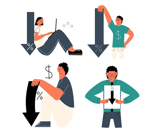 Low commission concept set Reduction of interest rate Vector illustration in flat style