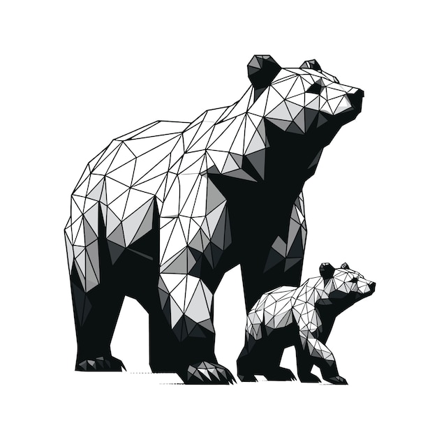 Vector low poly bear and cub vector art black and white minimalist design for modern decor wildlife themes