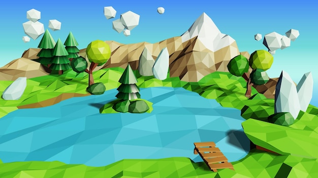 Low Poly Nature Scenery, Low Polygonal Style,  Vector Illustration