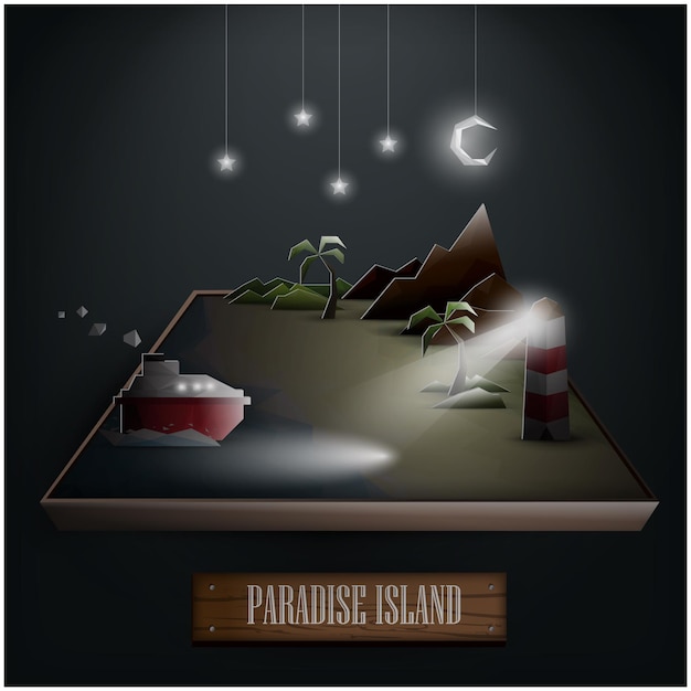 Low poly Paradise island during the night illustration