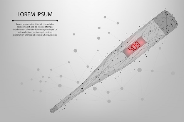 Low poly thermometer with high temperature. Electronic measurement of body heat. Doctor's tool in search of COVID-19.