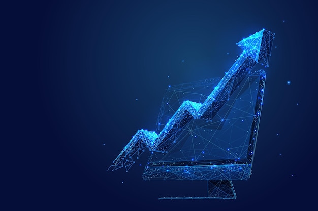 Low poly wireframe digital arrow up Analytics concept on computer monitor screen