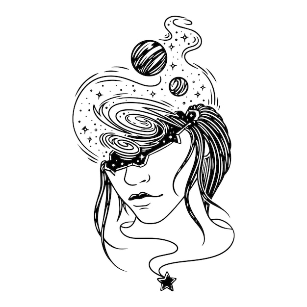 The lower part of the girl's face and the space coming out of it with planets.