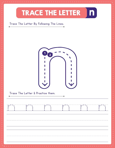 Lowercase Letter Tracing Handwriting Practice Worksheet With Arrow Direction Alphabet n