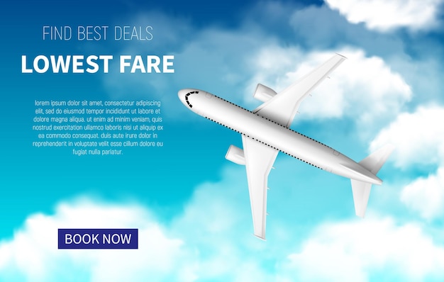 Lowest fare poster, cheap flight business promotion with realistic 3d airplane. Book now online travel service. Airline promo internet offer, tickets sale. White plane flying in blue cloudy sky