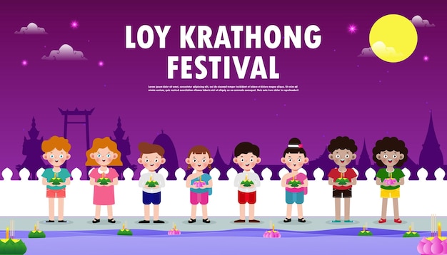 Loy Krathong Festival banner concept with cute Thai Children in National costume holding krathong