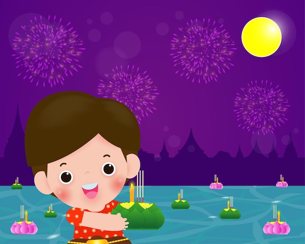 Loy Krathong Festival banner concept with cute Thai Children in National costume holding krathong