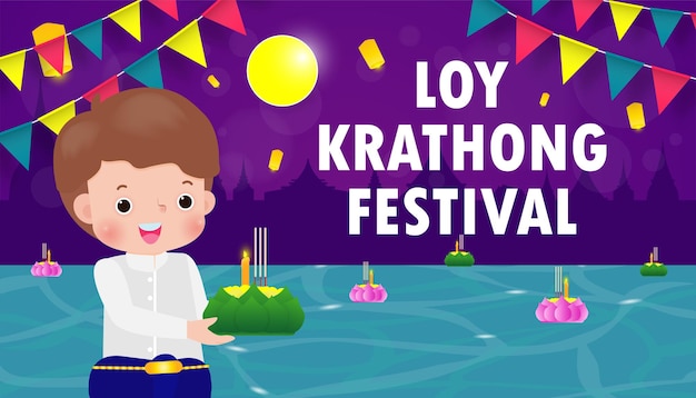 Loy Krathong Festival banner concept with cute thai male in National costume holding krathong