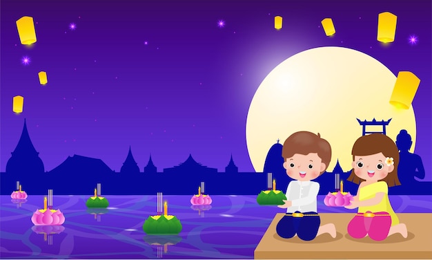 Loy Krathong Festival banner concept with cute Thai people in National costume holding krathong