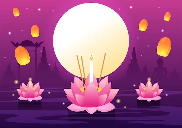 Loy Krathong Festival Celebration in Thailand Template Illustration with Krathongs Floating on Water