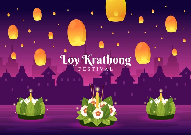 Vector loy krathong festival celebration in thailand template illustration with krathongs floating on water