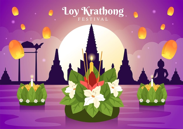 Vector loy krathong festival celebration in thailand template illustration with krathongs floating on water