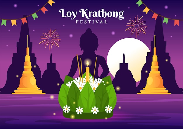 Vector loy krathong festival celebration in thailand template illustration with krathongs floating on water